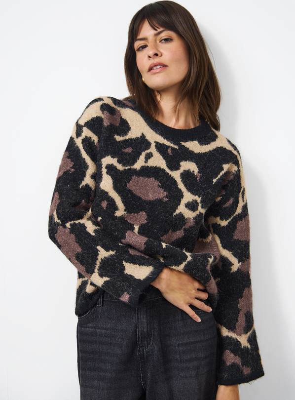Brown Animal Print Brushed Knit Jumper S